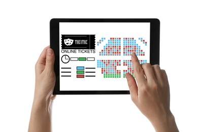 Image of Woman buying theater tickets online via tablet on white background, closeup