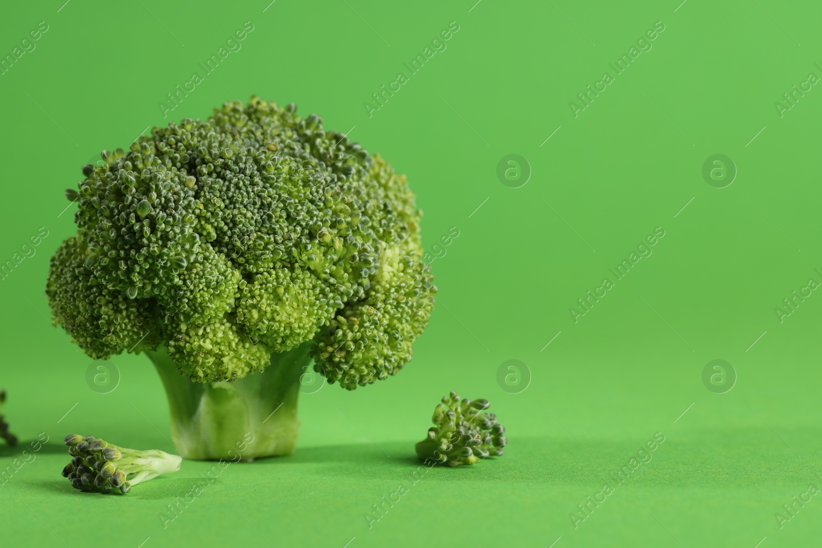 Photo of Fresh raw broccoli on light green background. Space for text