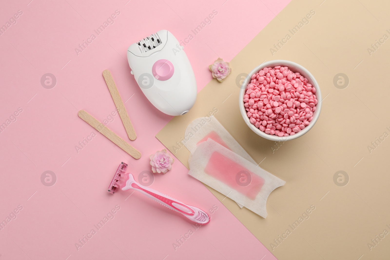 Photo of Set of epilation products on color background, flat lay