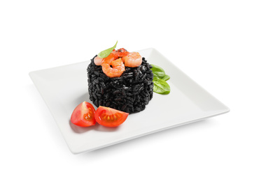 Photo of Delicious black risotto with seafood isolated on white