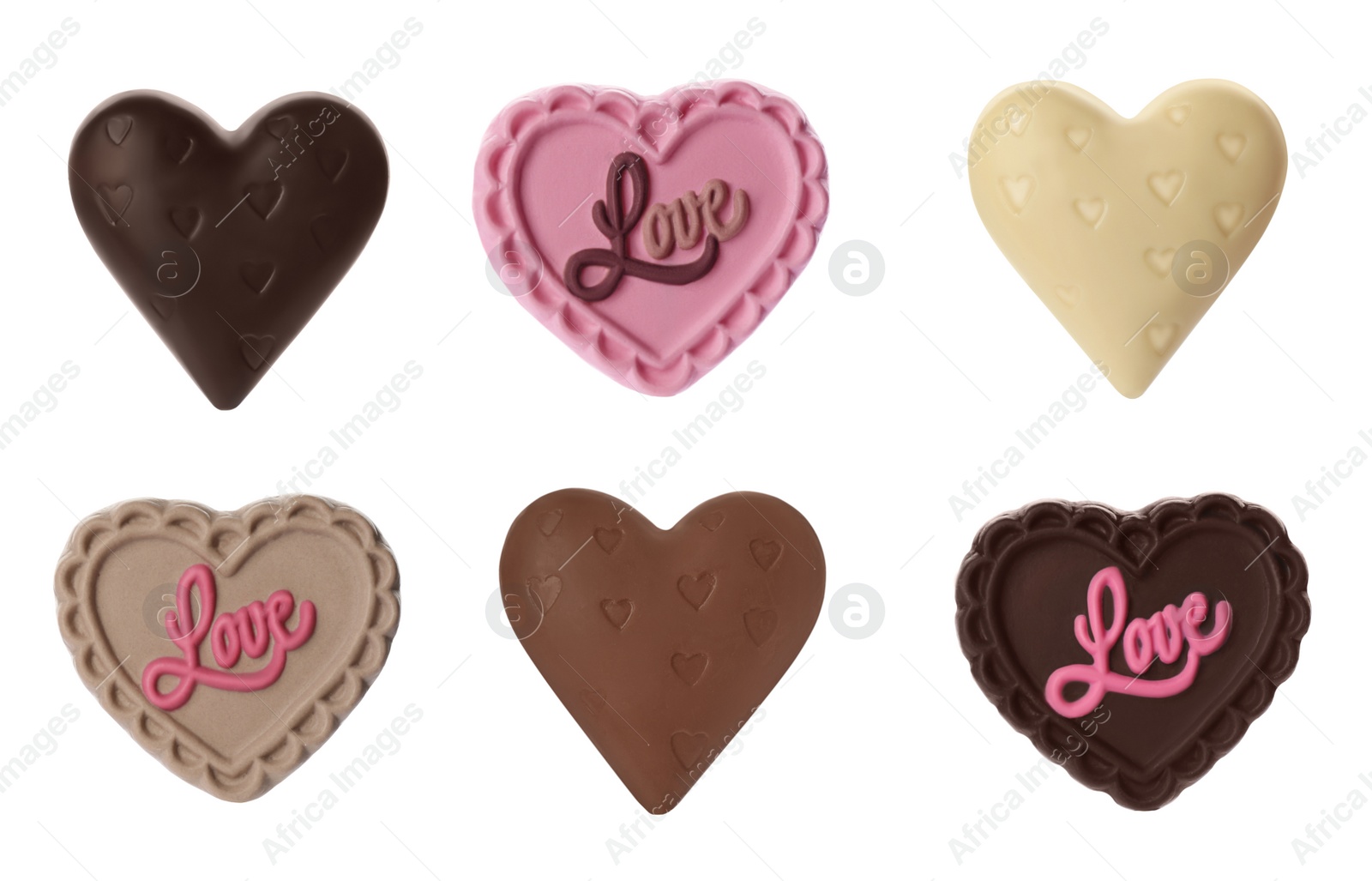 Image of Set with heart shaped chocolate candies on white background