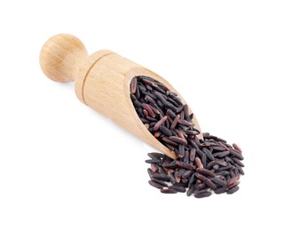 Photo of Scoop with raw black rice isolated on white