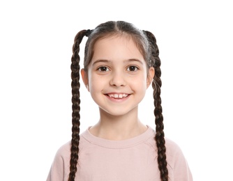 Portrait of little girl laughing on white background