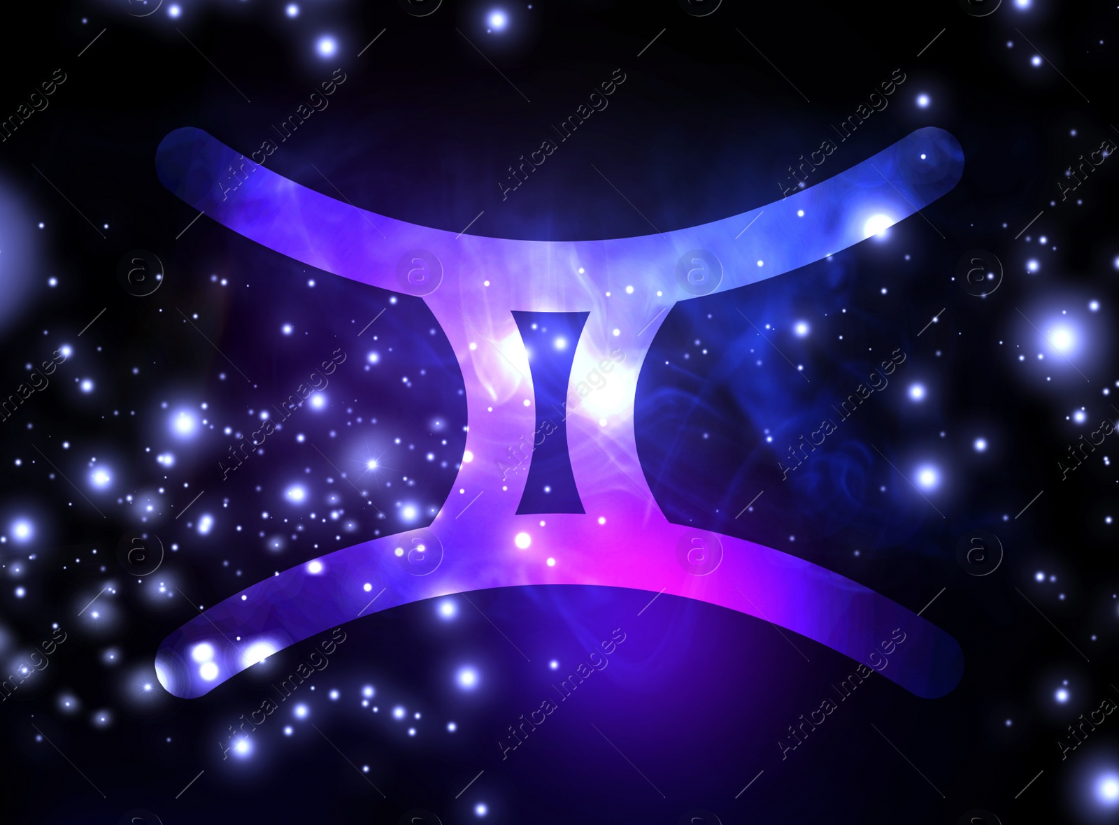 Illustration of Gemini astrological sign and night sky with stars. Illustration 