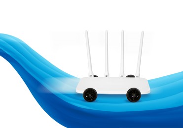 Image of Fast internet connection. Wi-Fi router with wheels riding on white background
