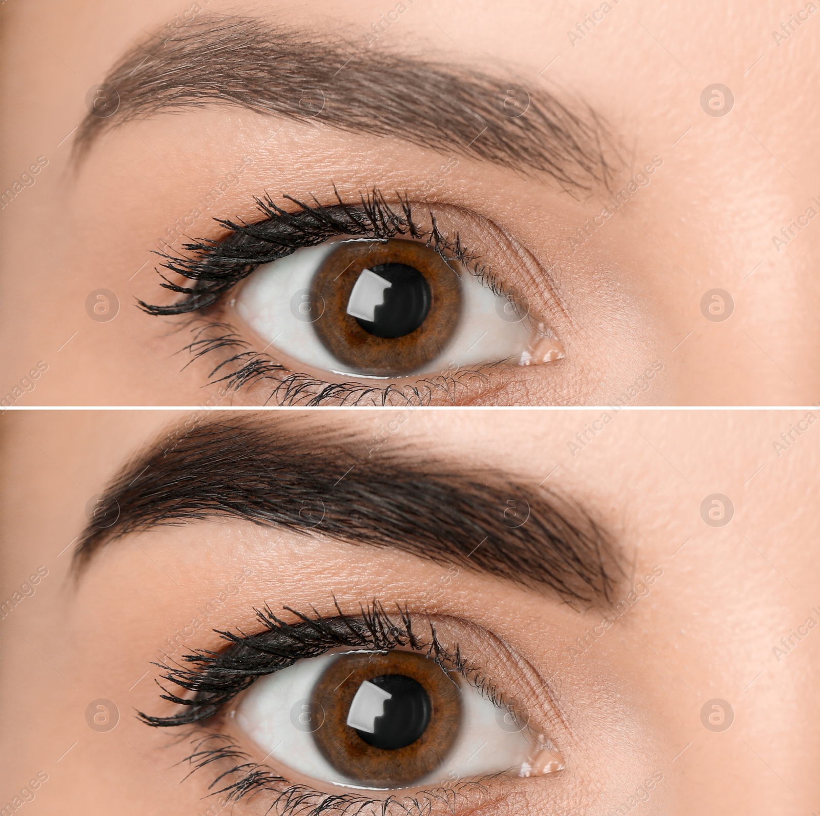 Image of Collage with photos of young woman before and after permanent makeup procedure, closeup