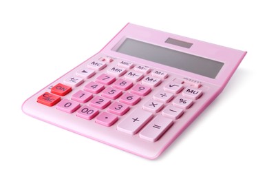 Photo of Pink calculator on white background. School stationery