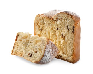 Photo of Slices of delicious Panettone cake with powdered sugar on white background. Traditional Italian pastry