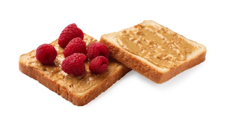 Delicious toasts with peanut butter and raspberries isolated on white