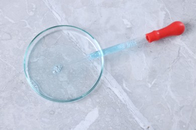 Photo of Glass pipette and petri dish with liquid on grey marble table, top view