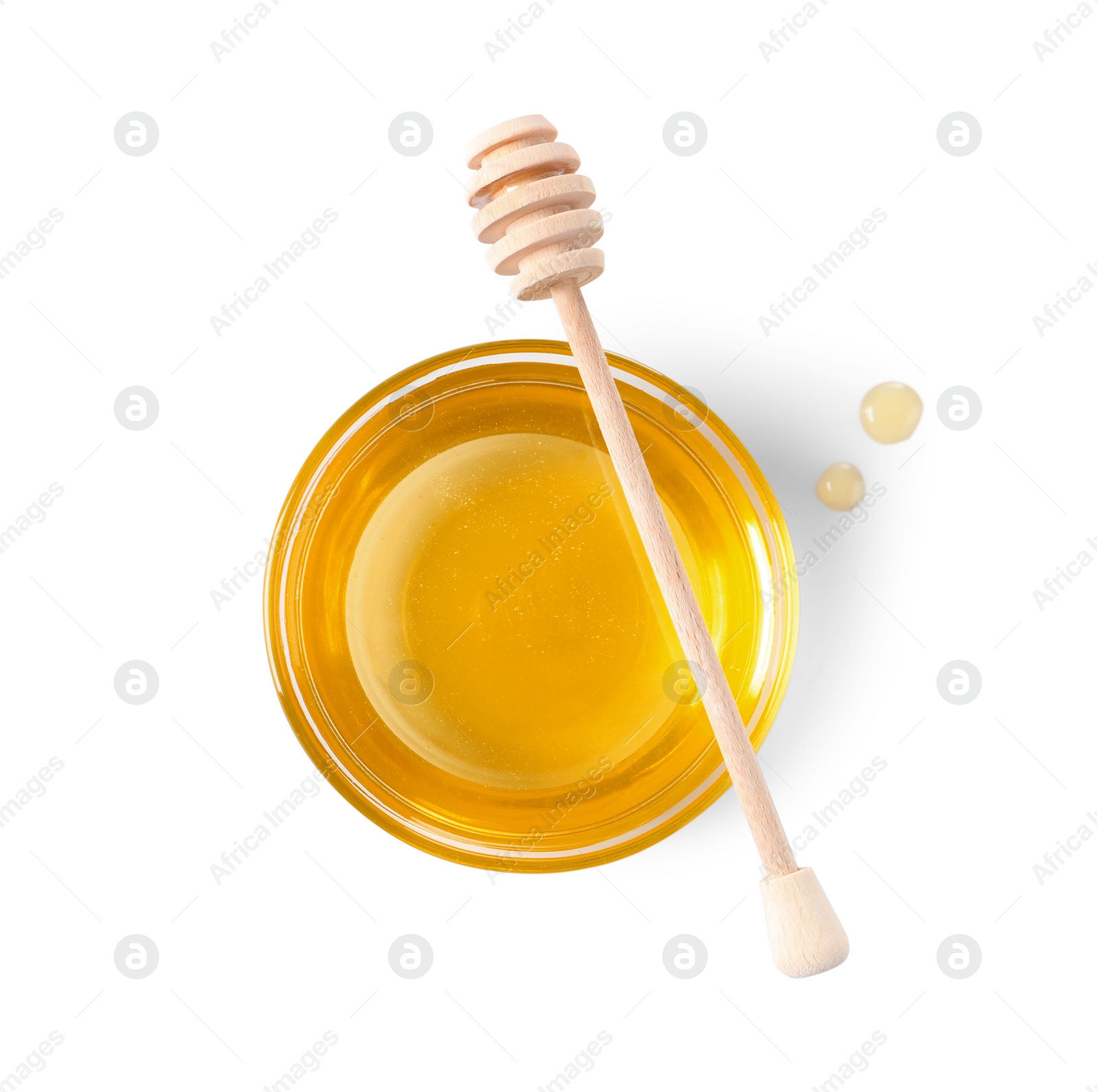 Photo of Tasty honey in bowl and dipper on white background, top view. Space for text