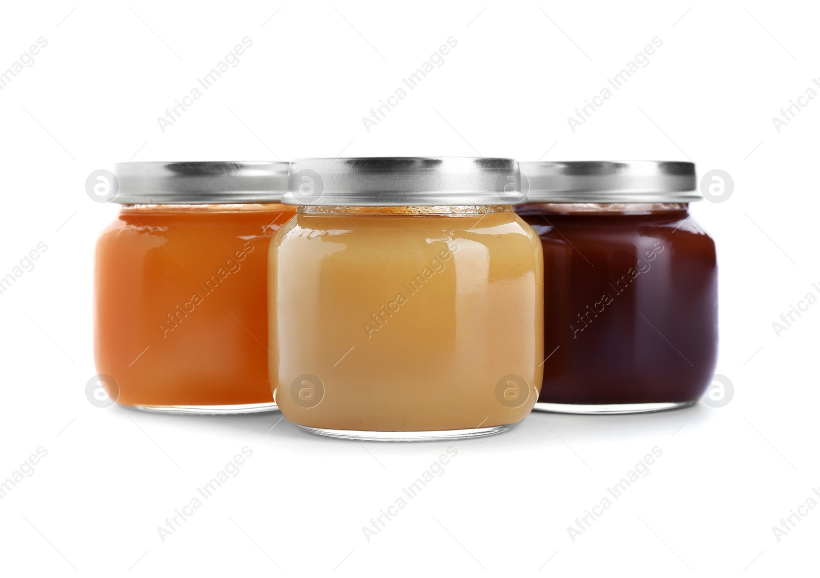 Photo of Jars with healthy baby food on white background