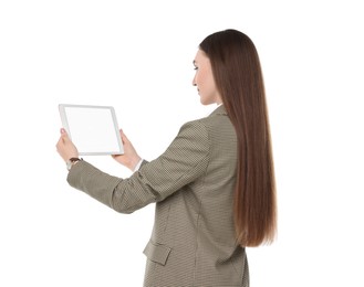 Woman holding tablet with blank screen on white background. Mockup for design