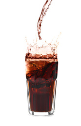 Image of Refreshing drink splashing out of glass with ice cubes on white background
