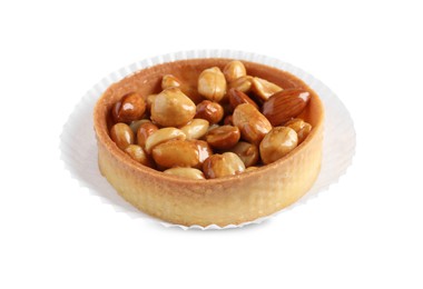 Photo of Tartlet with caramelized nuts isolated on white. Tasty dessert