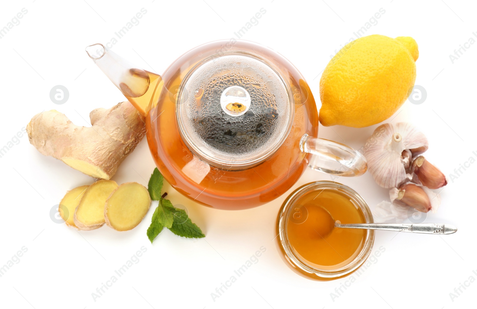 Photo of Tea and other cold remedies on white background