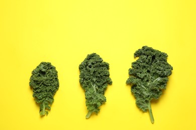 Photo of Fresh kale leaves on yellow background, flat lay