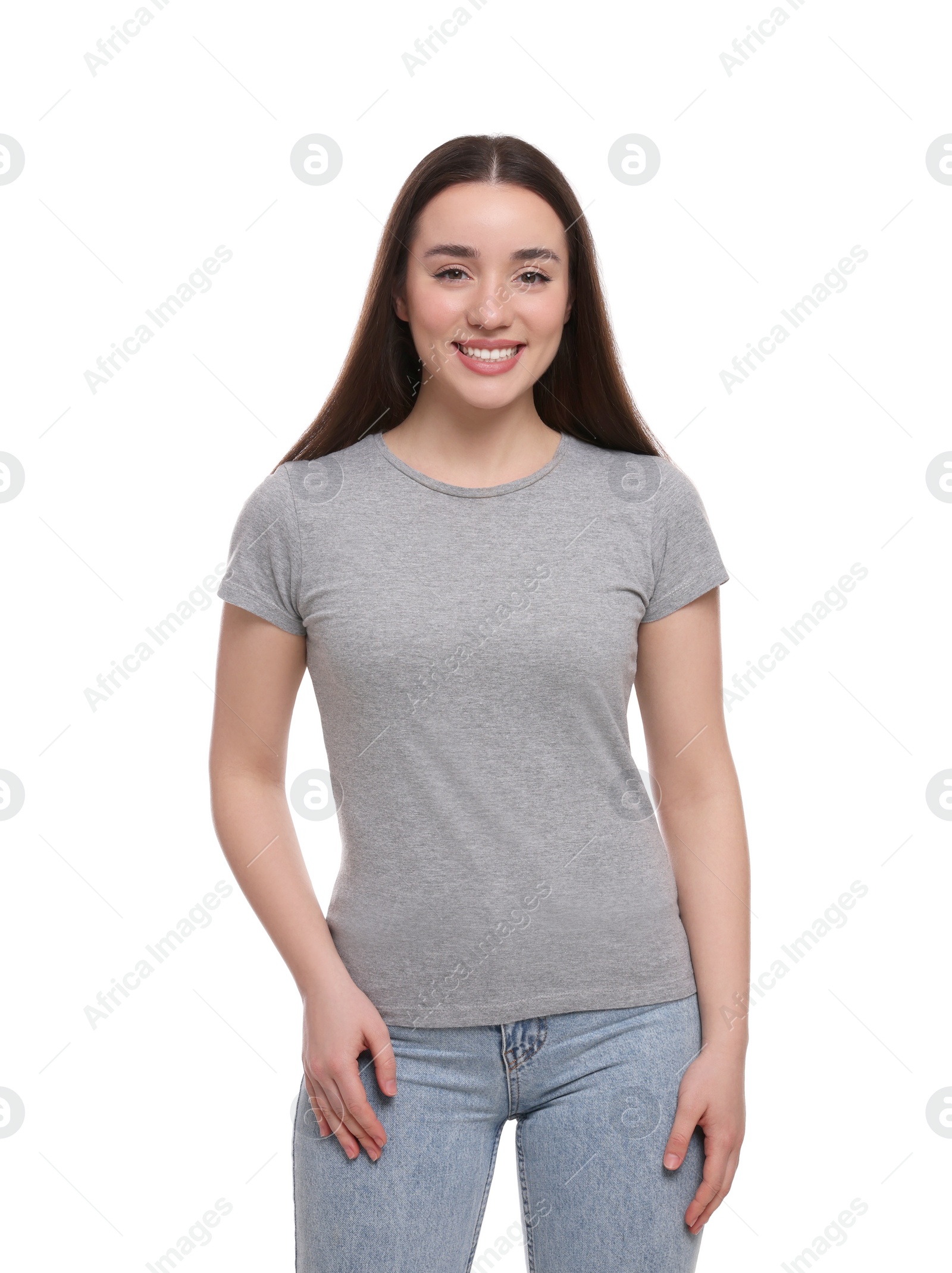 Photo of Woman wearing stylish gray T-shirt on white background