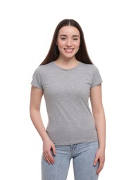 Woman wearing stylish gray T-shirt on white background