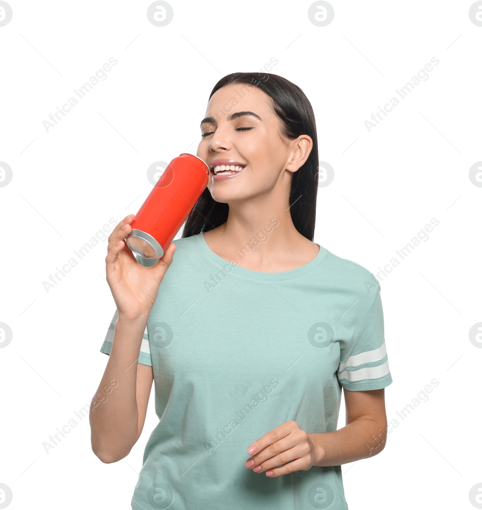 Photo of Beautiful happy woman holding red beverage can on white background