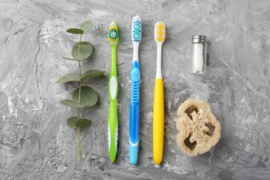 Plastic toothbrushes, eucalyptus branch and other toiletries on grey table, flat lay