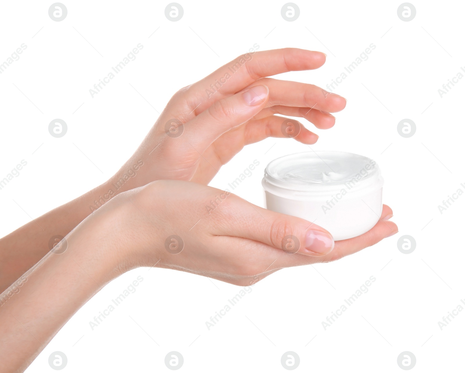Photo of Young woman holding jar with hand cream on white background