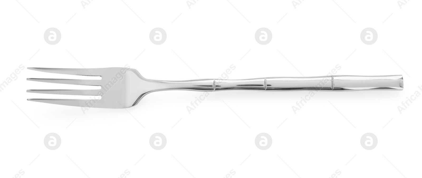 Photo of One shiny metal fork isolated on white, top view