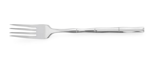 Photo of One shiny metal fork isolated on white, top view