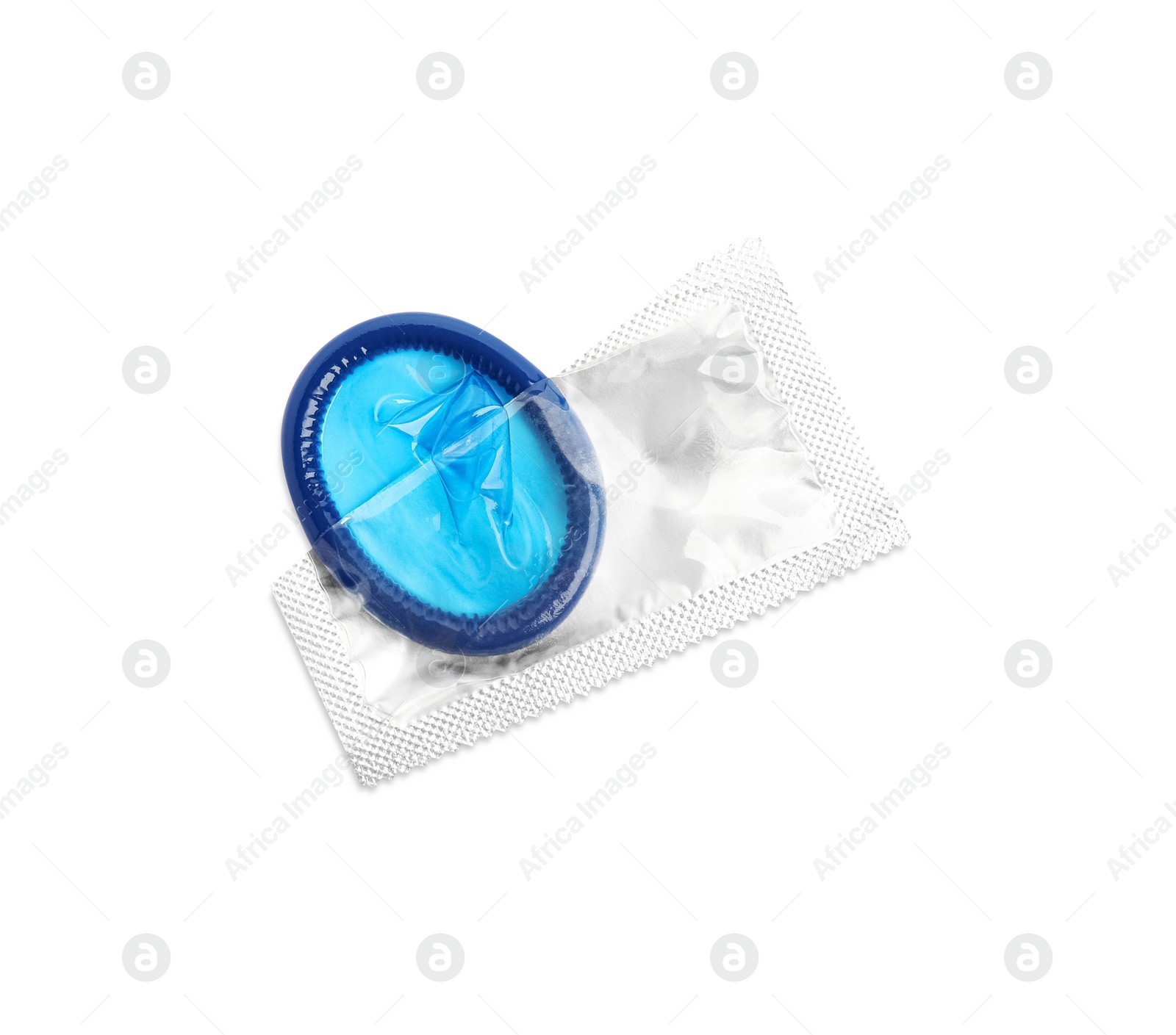 Photo of Torn condom package isolated on white, top view. Safe sex