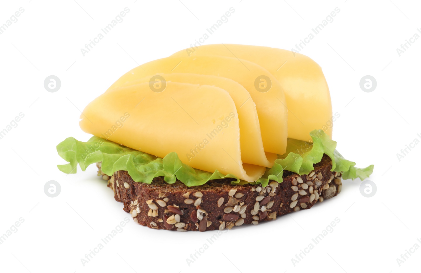 Photo of Tasty sandwich with slices of fresh cheese and lettuce isolated on white