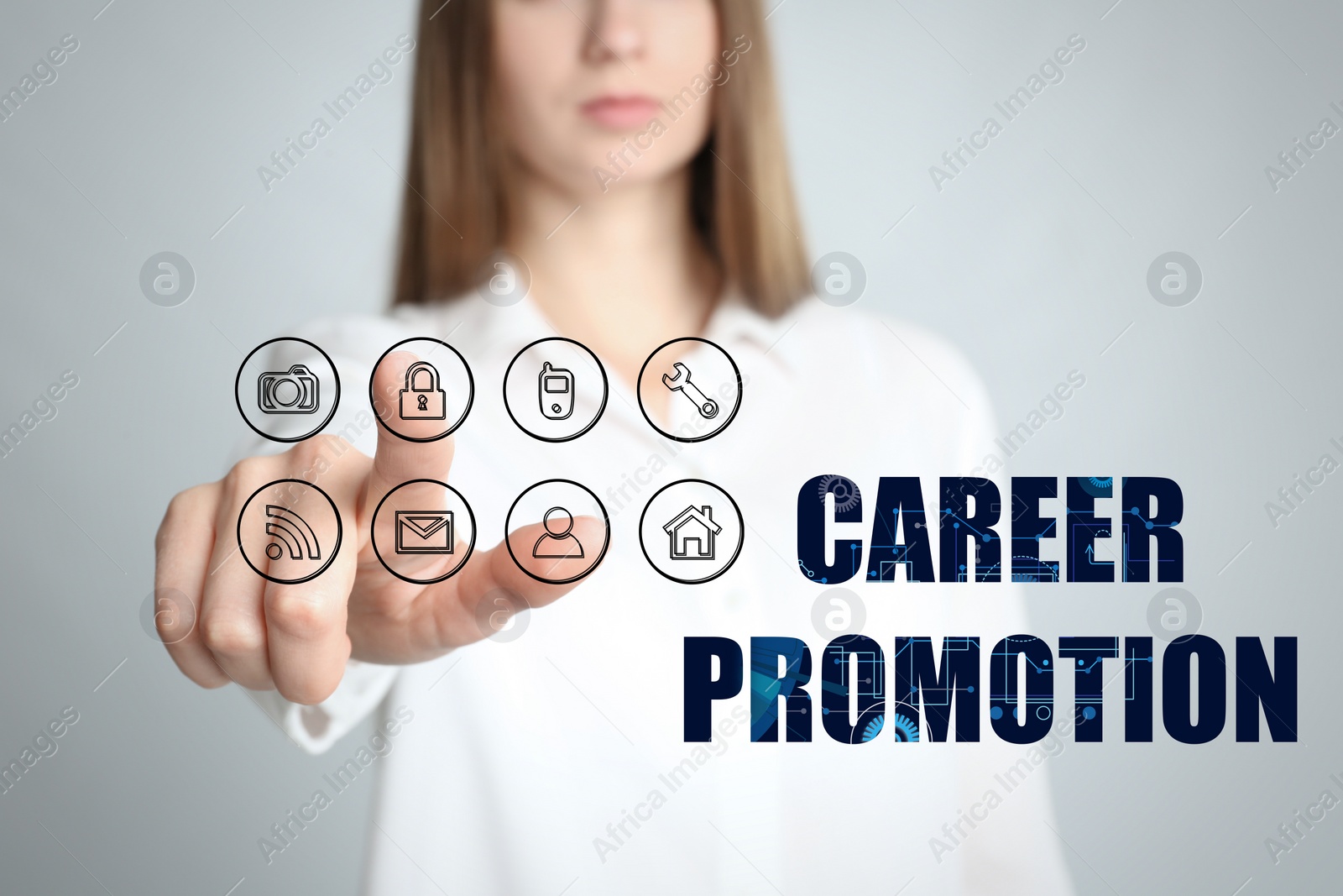 Image of Career promotion concept. Woman touching icon on virtual screen
