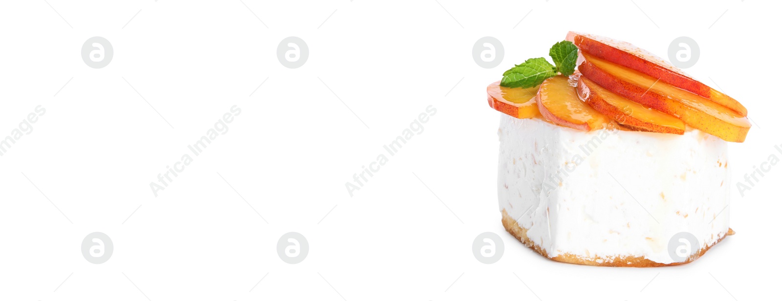 Image of Delicious dessert with peach slices on white background. Banner design with space for text