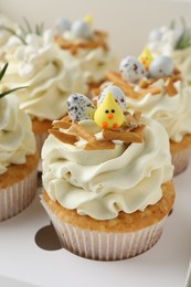 Photo of Tasty Easter cupcakes with vanilla cream in box, closeup