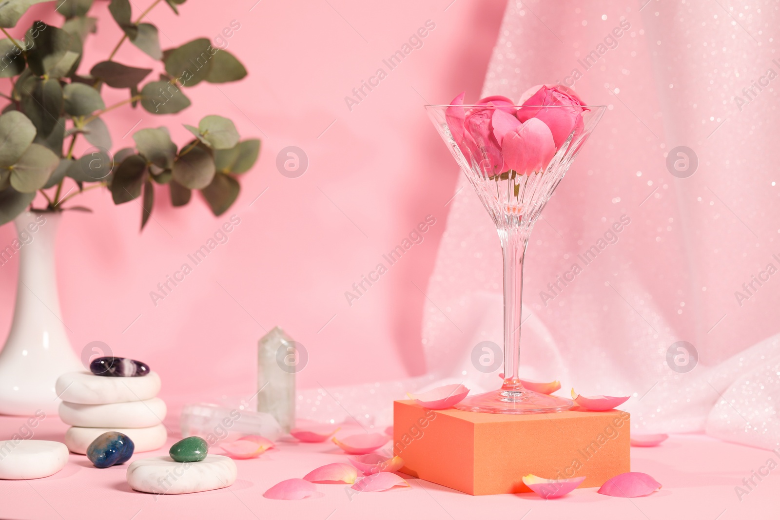 Photo of Martini glass with flowers, stones and petals on pink background