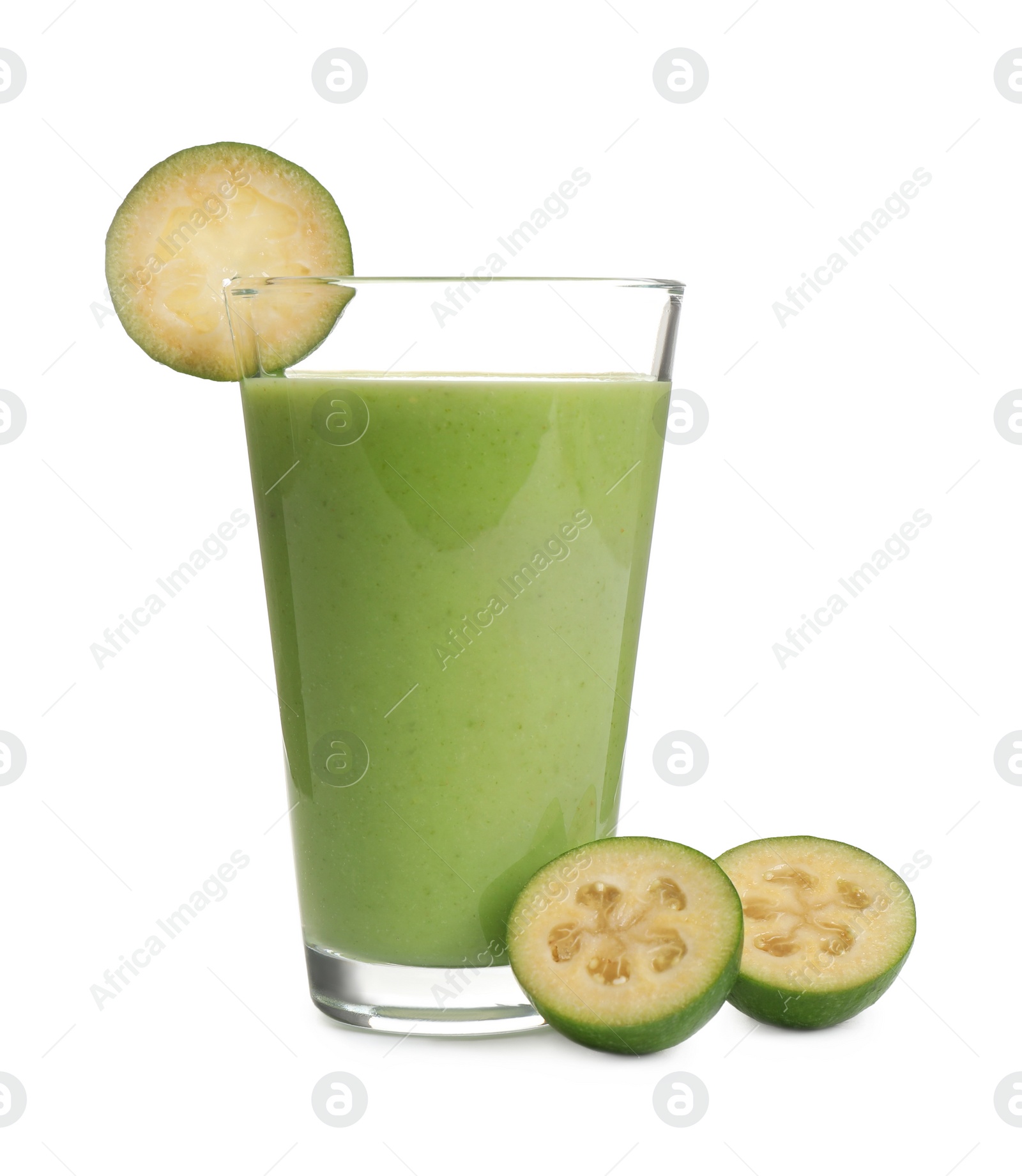 Photo of Fresh feijoa smoothie in glass and fresh fruits on white background