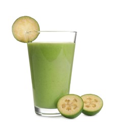 Photo of Fresh feijoa smoothie in glass and fresh fruits on white background
