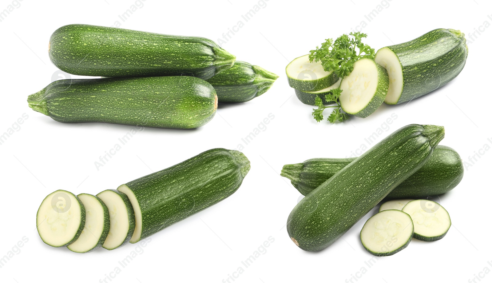 Image of Set of fresh ripe zucchinis on white background