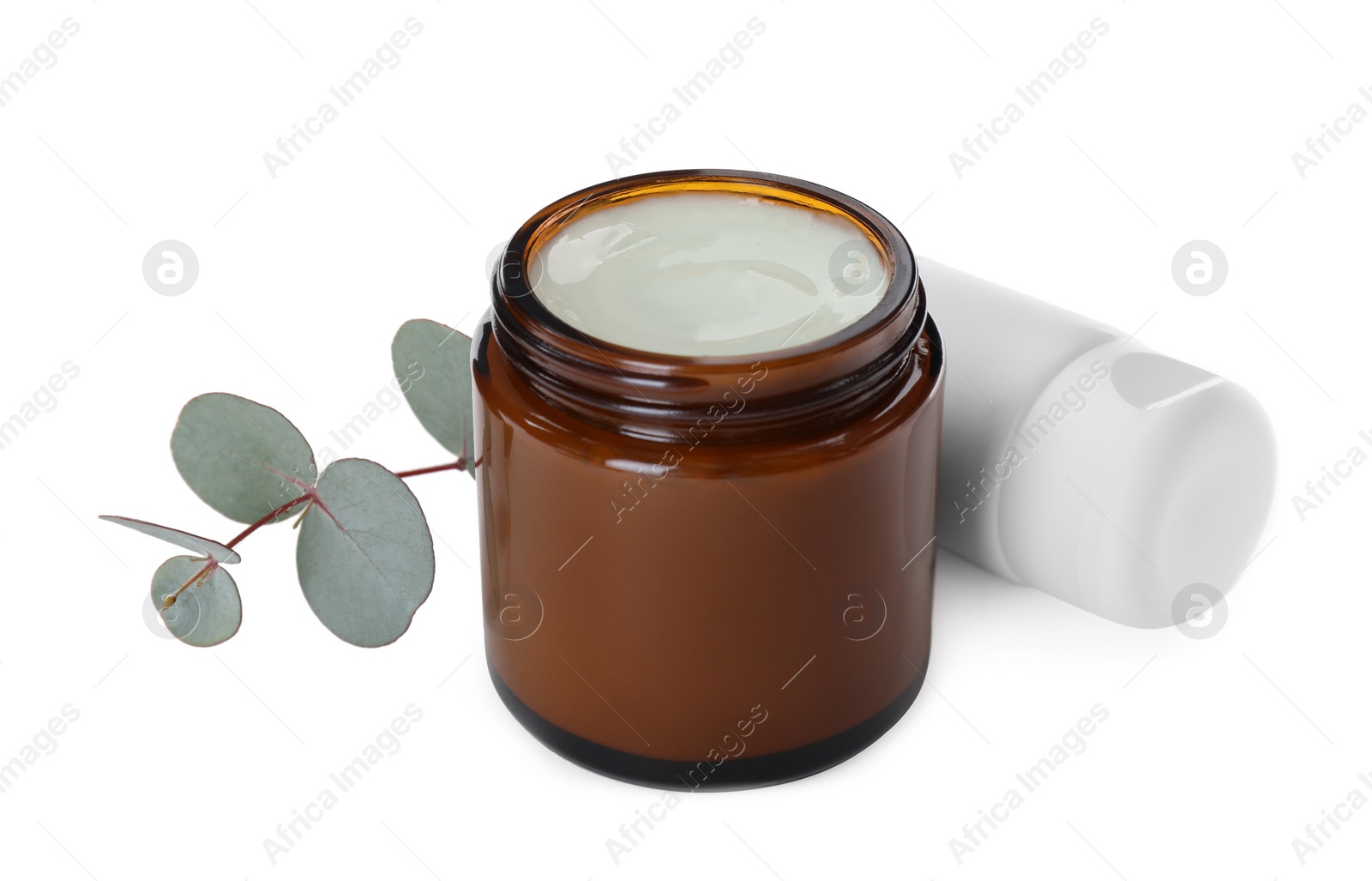 Photo of Different hand care cosmetic products and eucalyptus on white background