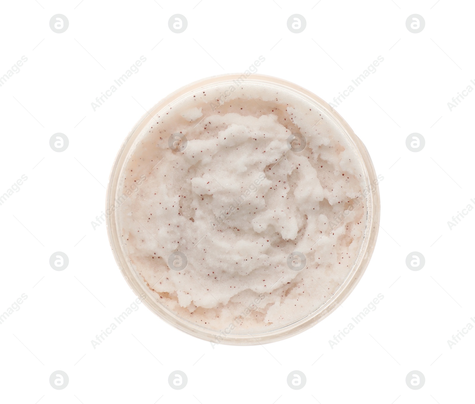 Photo of Body scrub in jar isolated on white, top view