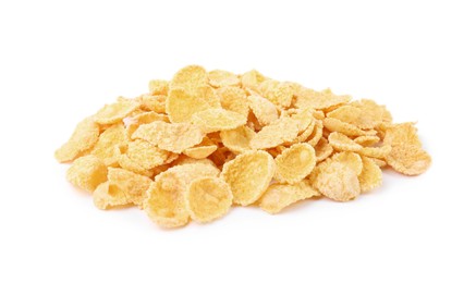 Photo of Pile of tasty cornflakes on white background. Healthy breakfast cereal