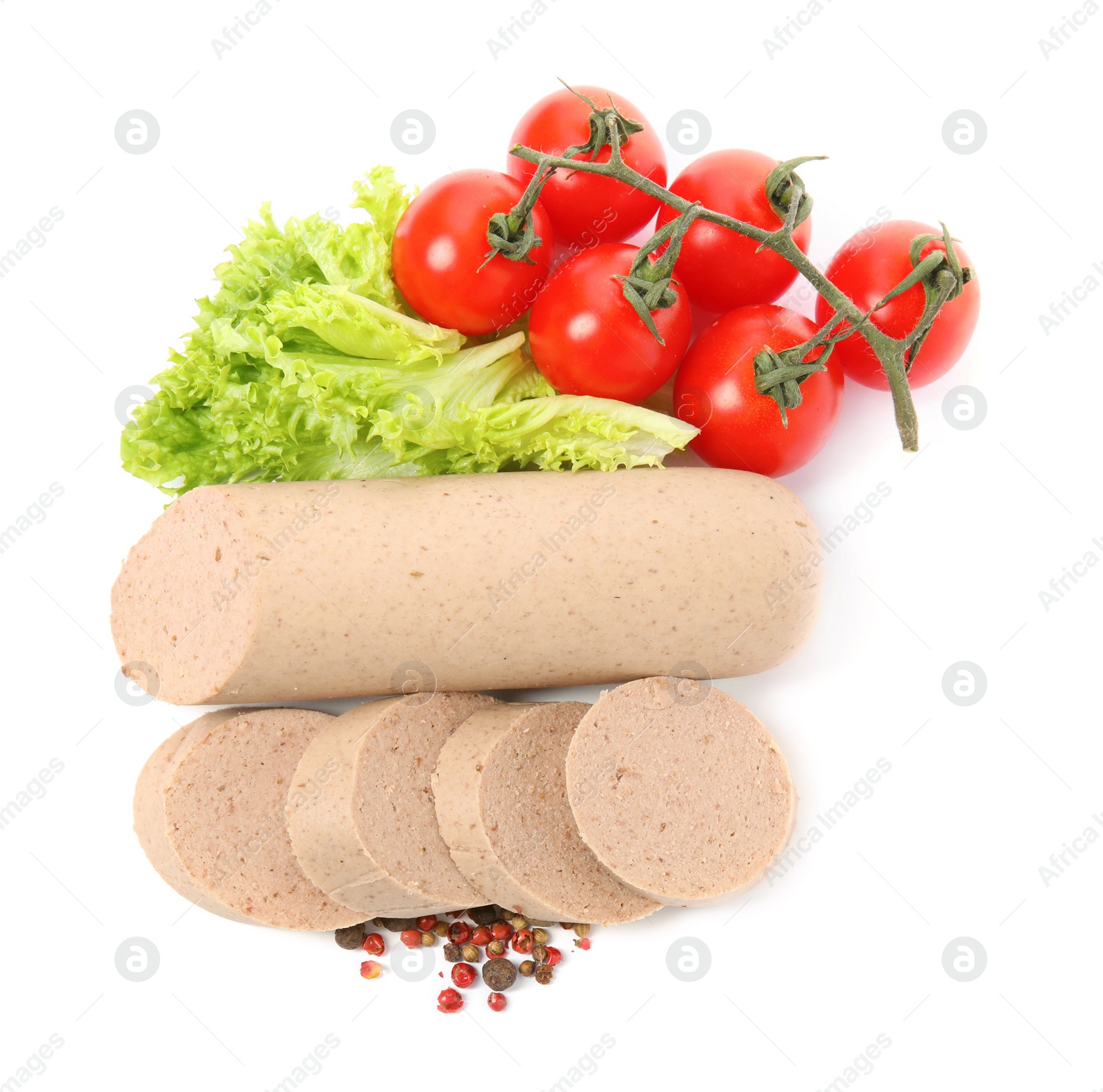 Photo of Delicious liver sausage, tomatoes, lettuce and peppercorns on white background, top view