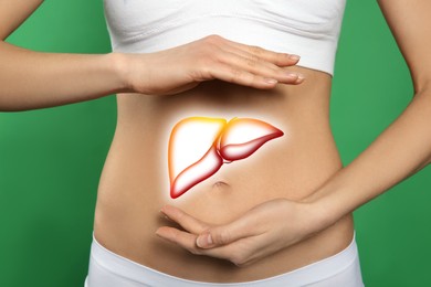 Image of Woman and illustration of liver on green background, closeup