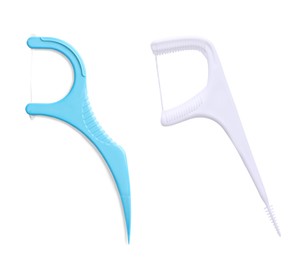 Image of Dental flossers on white background, top view
