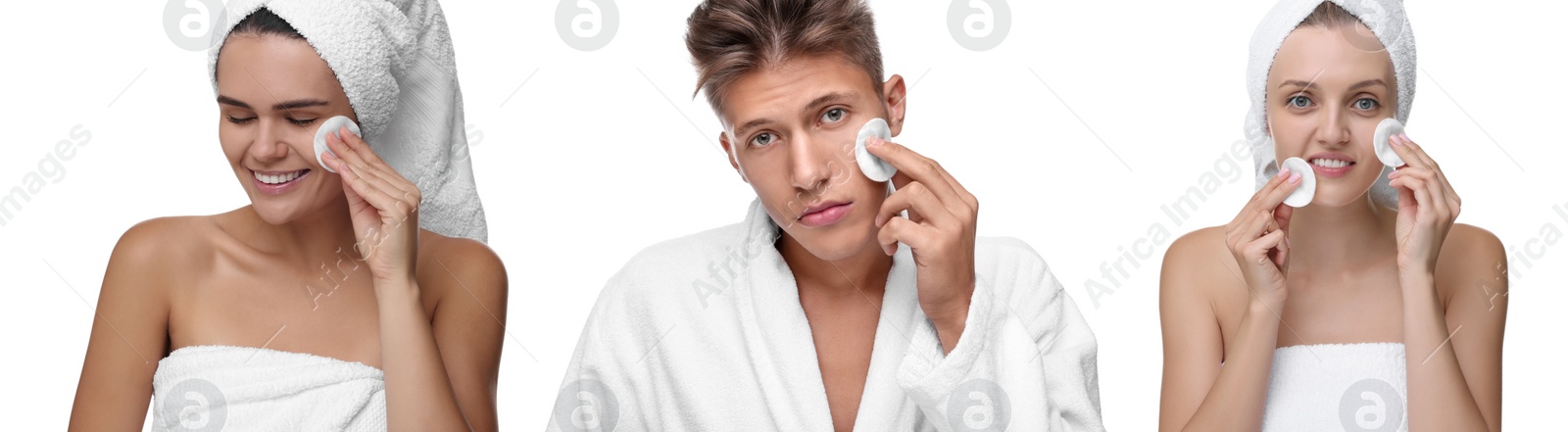 Image of People cleaning faces with cotton pads on white background, set of photos