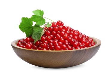 Photo of Tasty ripe red currants and green leaves in bowl isolated on white