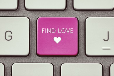 Image of Online dating. Button with words Find Love on computer keyboard, top view