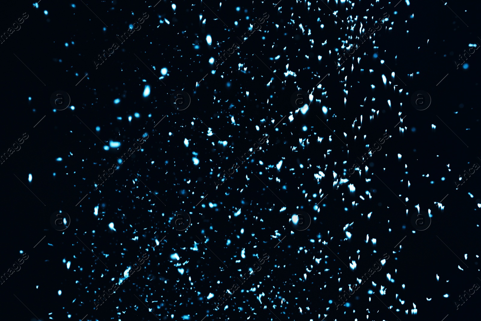 Photo of Snow flakes falling on black background. Winter weather