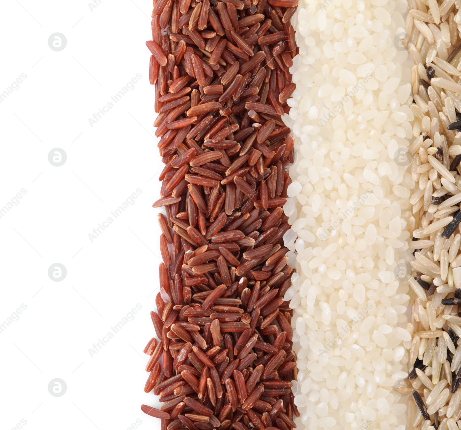 Photo of Different sorts of rice isolated on white, top view