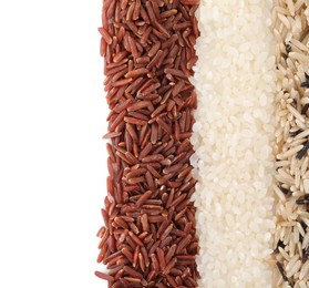 Photo of Different sorts of rice isolated on white, top view