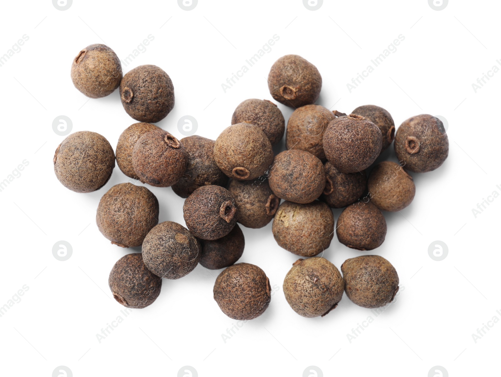 Photo of Dry allspice berries (Jamaica pepper) isolated on white, top view
